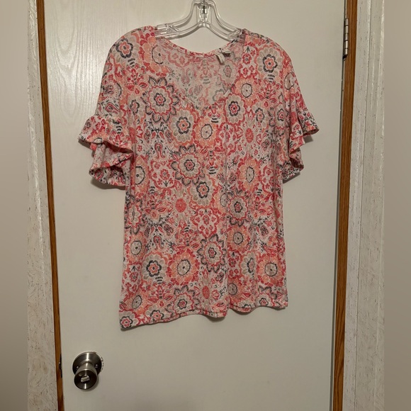 Cato Tops - Cato Pink and White Floral Blouse with Ruffle Sleeves